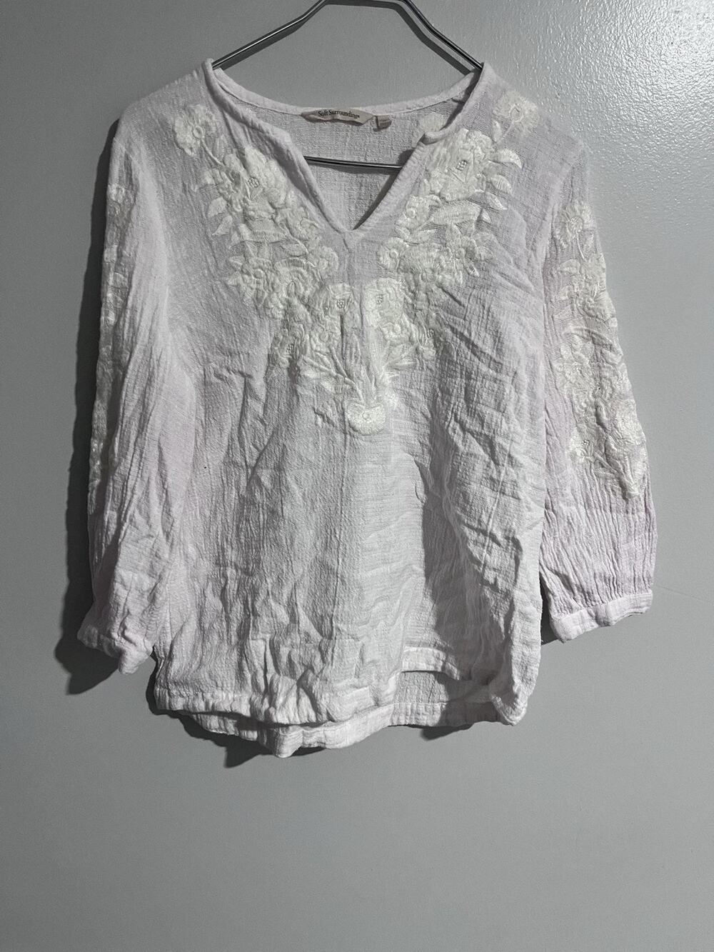 Soft Surroundings Blouse Womens M White Embroidered V-Neck Tunic 3/4 Sleeve